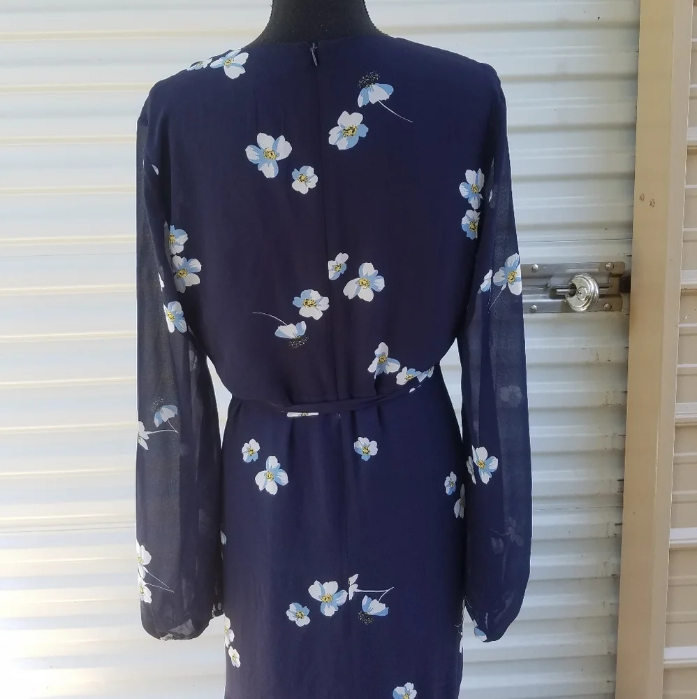 Bardot Poppy Floral Faux Wrap Chiffon Midi Dress, Navy Blue Sz 10 EUC - Picture 5 of 8